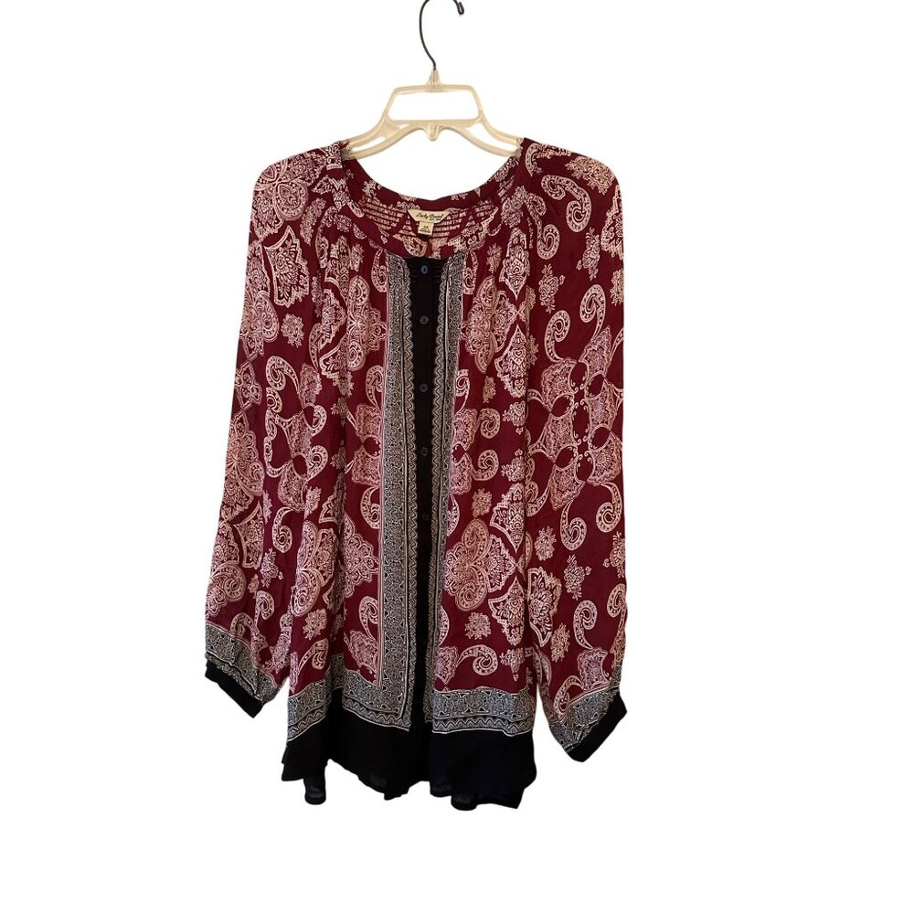 Lucky Brand Womens 2X Paisley Print Boho Button Up Blouse Flowy Boho Peasant